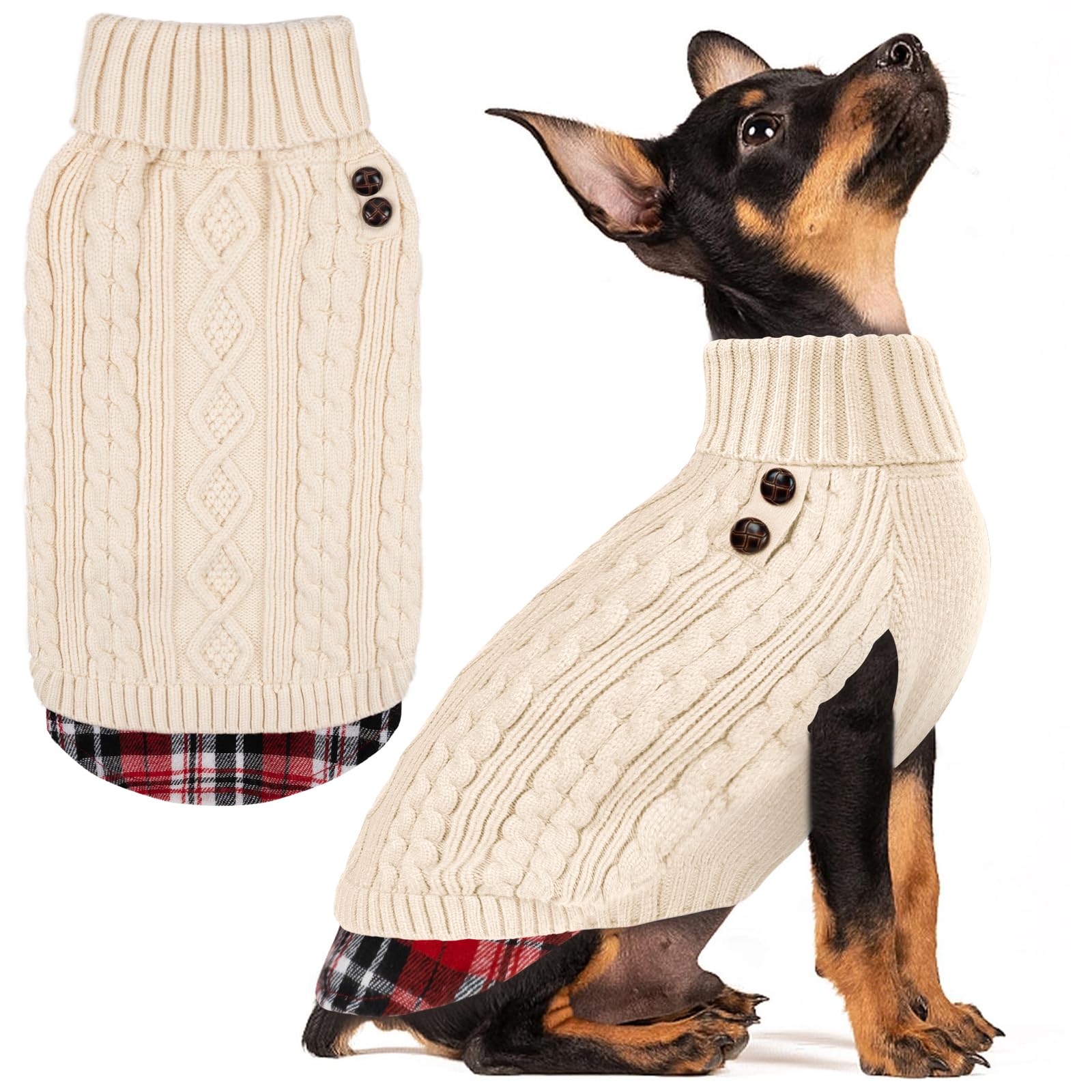 Premium Dog Sweater Soft Pullover Dog Sweaters for Small Dogs Male Stretchy Knitwear Cat Clothes Warm Turtleneck Small Dogs Sweater with Gingham Patchwork Comfy Pet Coat for Fall Winter Cold Weather