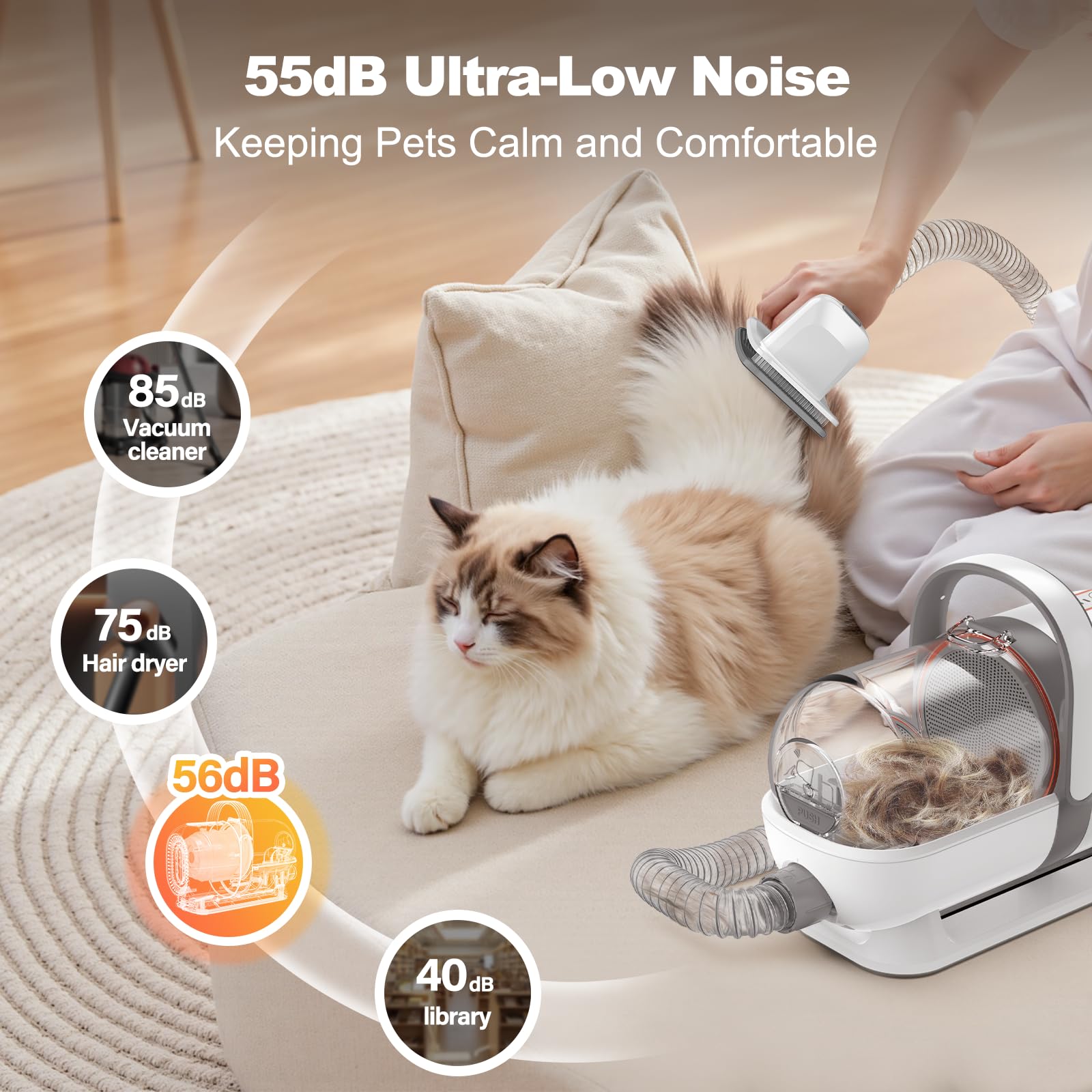 6-in-1 Dog Grooming Kit, Pet Grooming Vacuum for Shedding, Dog Hair Vacuum with Clipper Nail Trimmer Grinder, Pet Brush Groomer at Home, Low Noise Cats Hair Remover, 1.5L Dust Cup, White