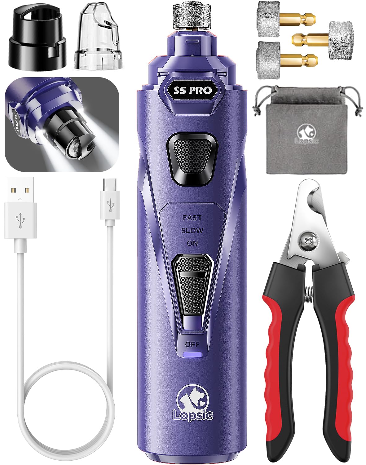 Dog Nail Grinder with 2 LED Lights Powerful 2 Speeds Super Quiet Dog Nail Trimmers with 3 Grinding Wheels Rechargeable Pet Dog Nail Clippers for Large Medium Puppy Dogs Dog Nail File Cat Nail Clipper