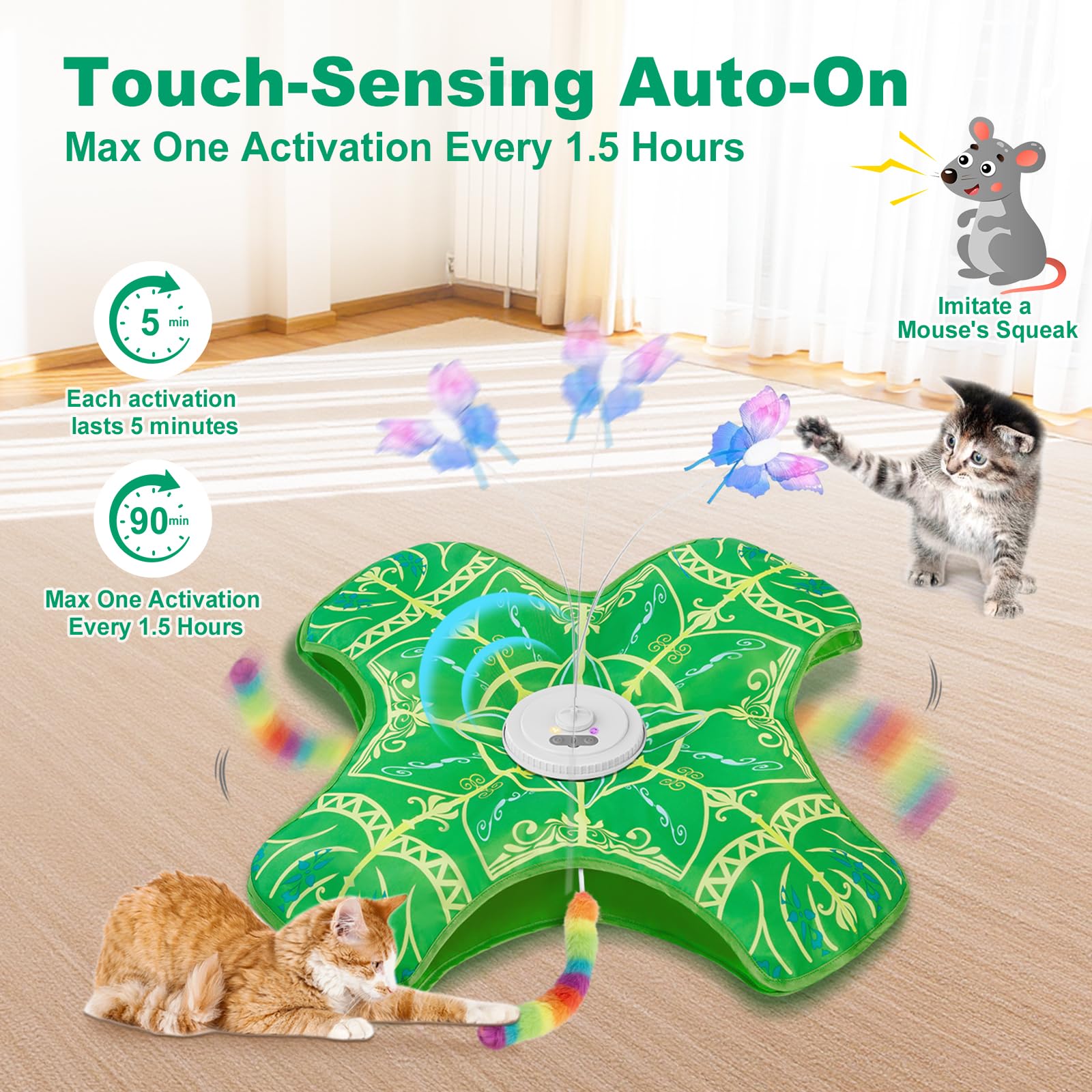 Interactive Cat Toys for Indoor Cats,[Newly Upgraded] Long Battery Life Rechargeable Touch Activated Hide and Seek Kitten Toys for Bored Indoor Adult Cats with Fluttering